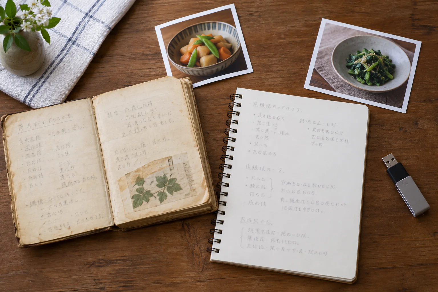 原本の料理ノートと家族の補足用ノートを並べた机