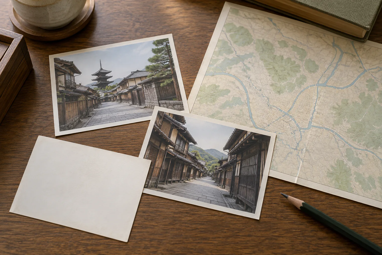 町並み写真と裏面の記録を地図とともに確認する机