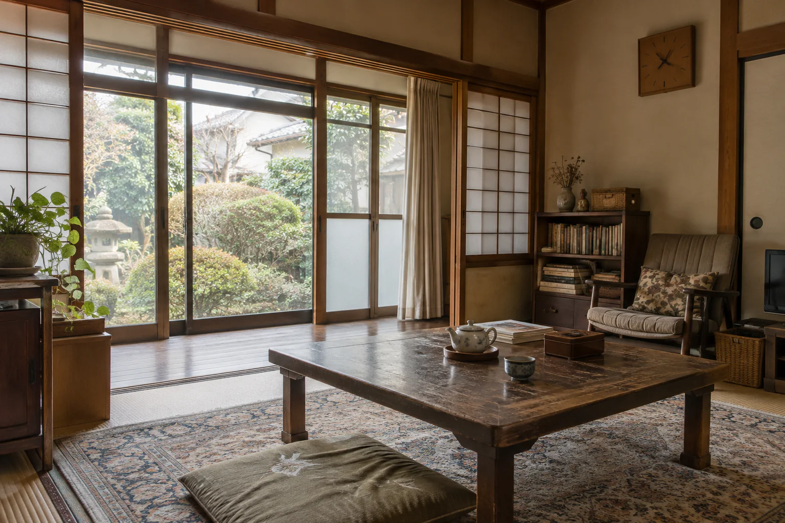 庭に面した窓と低い机、時計がある日本家屋の居間