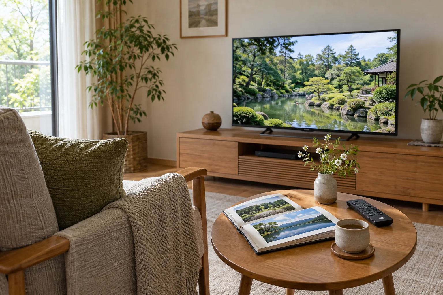 風景写真を表示したテレビとリモコン、小さなアルバムのある居間