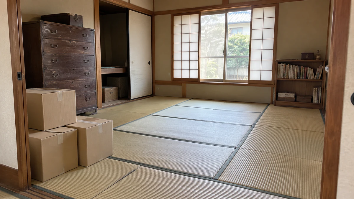 段ボールを置いた和室に、たんすと本棚が残る住まい