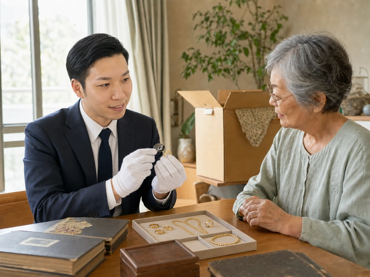 男性の査定員が指輪を確認し、ご家族に説明する様子