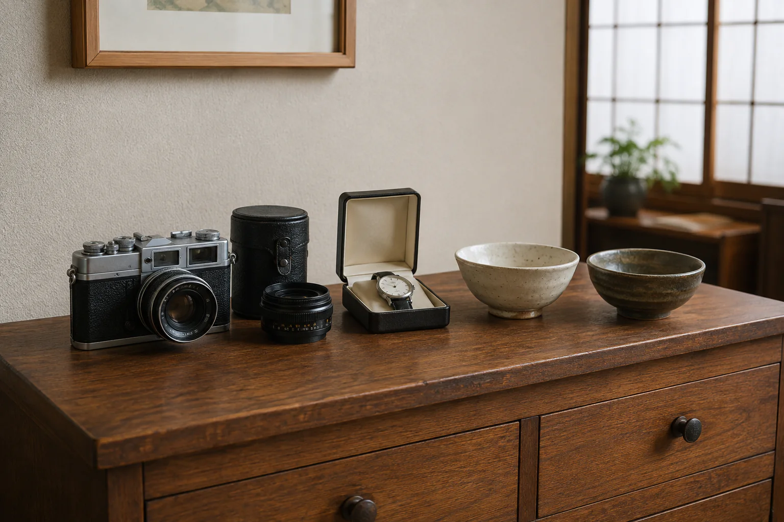 木の家具の上に並べたカメラと腕時計、陶器