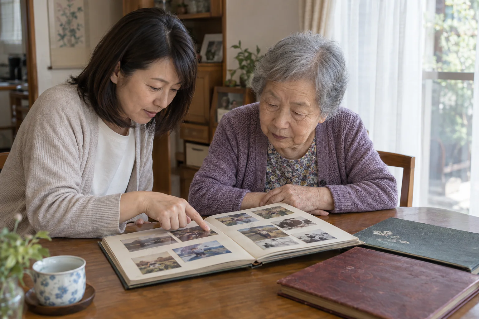 実家の木のテーブルで、親子が開いた写真アルバムを一緒に見返す場面
