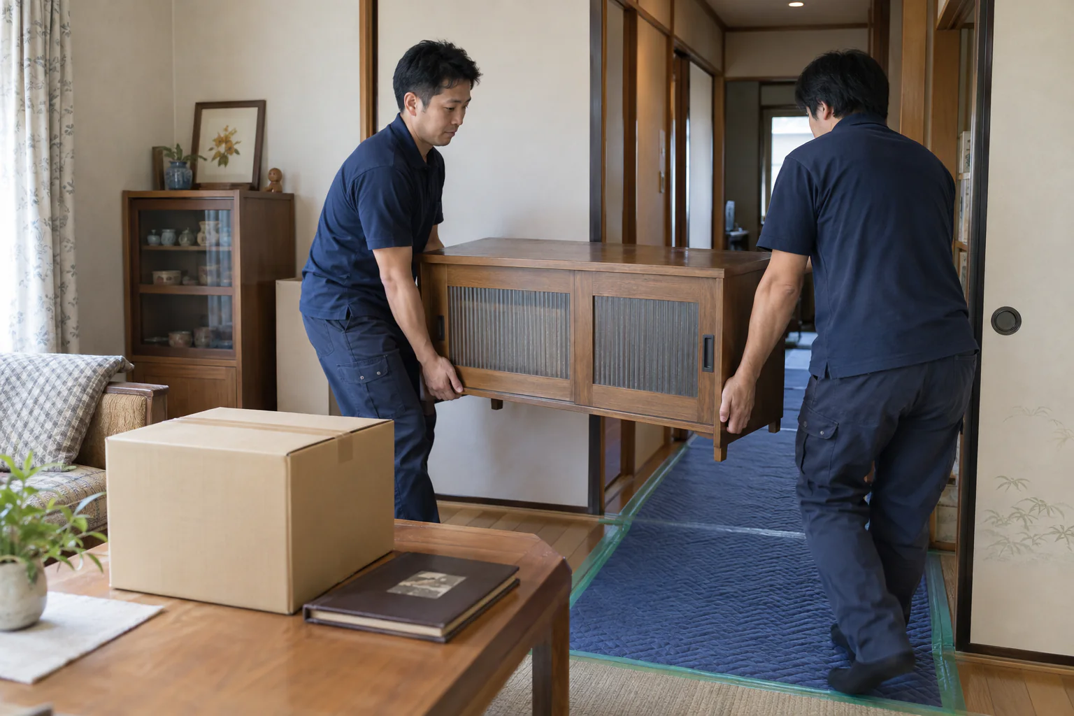 残すアルバムと箱を別に置き、養生した廊下から二人で木製の家財を搬出する場面