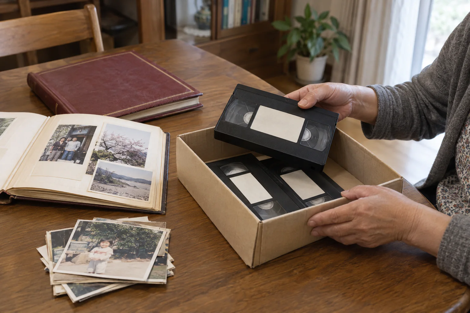写真アルバムと紙の写真を並べ、ホームビデオのVHSテープを箱に分ける手元
