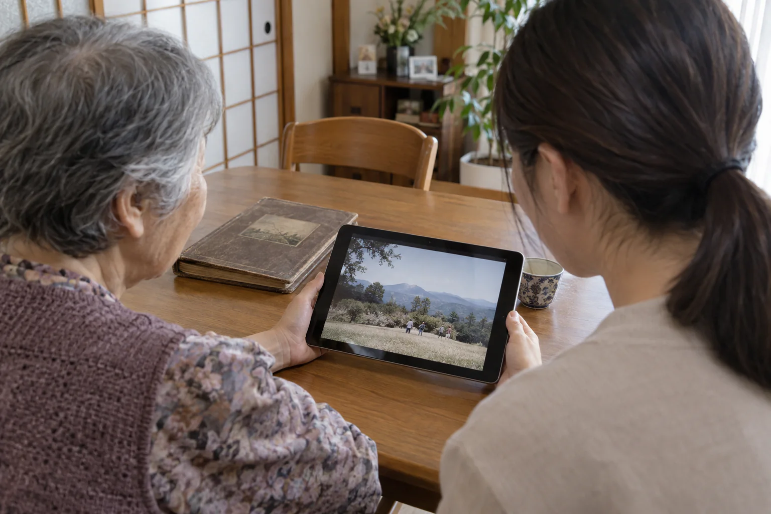 親子がタブレットで昔の旅行写真を見返し、机には元のアルバムが置かれている場面