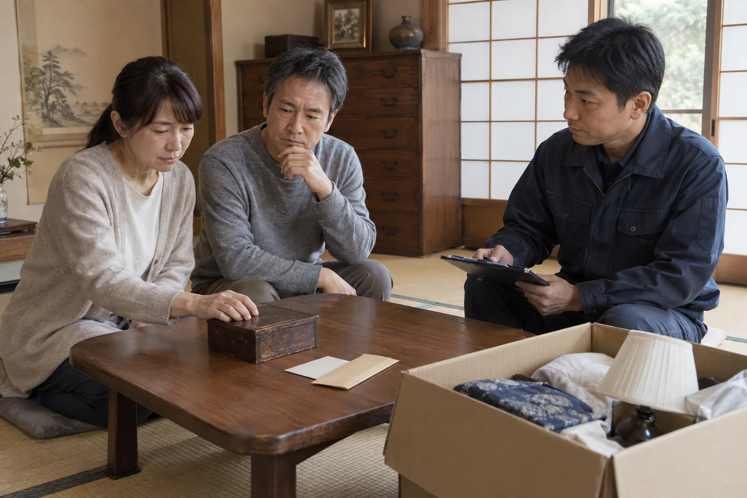 和室のテーブルに置いた小箱を前に、ご家族と作業担当者が残す品を確認する場面