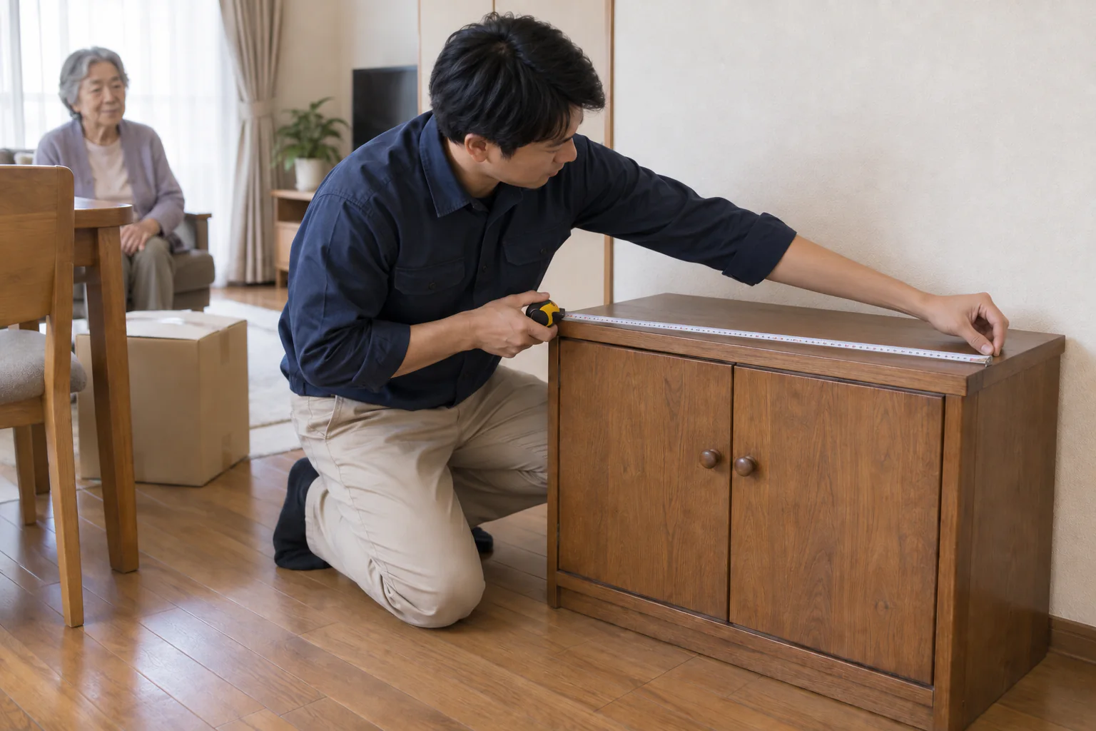 自宅の小さな木製収納家具の幅をメジャーで測る作業者と、そばで見守るご本人