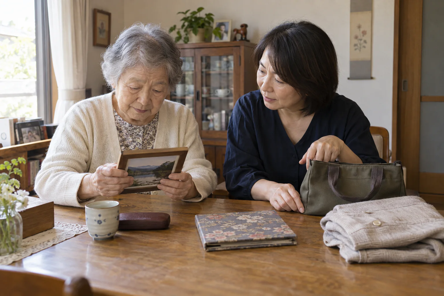 自宅の食卓で写真立てを手にするご本人と、衣類やアルバムを一緒に確認するご家族