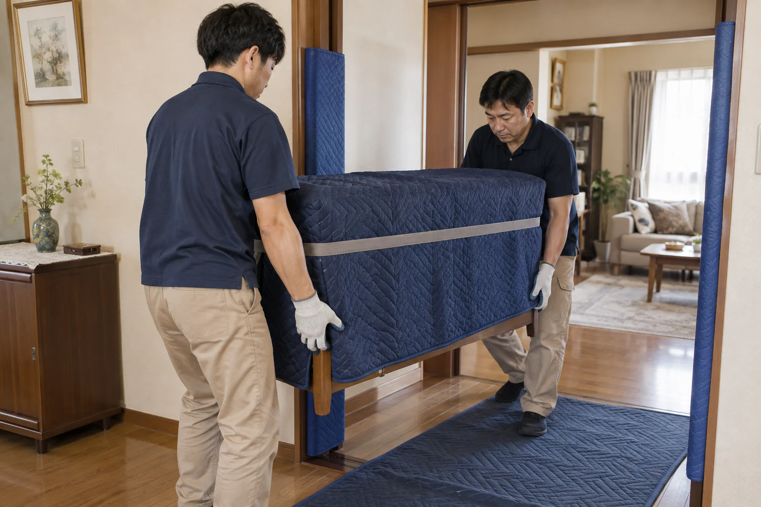 自宅の床と出入口を保護し、養生した木製家具を二人で搬出する作業者