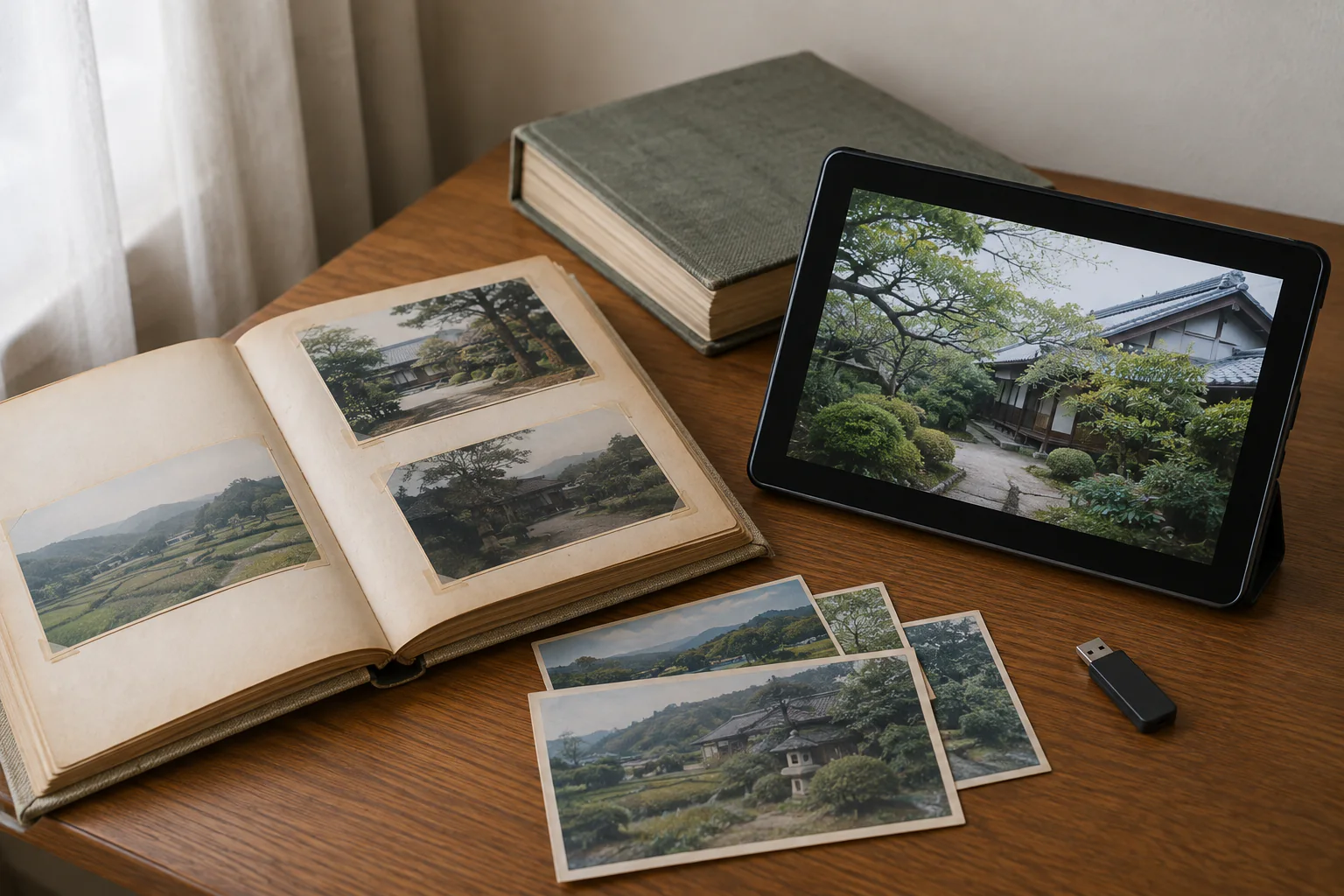 風景写真のアルバムとタブレット、USBメモリー
