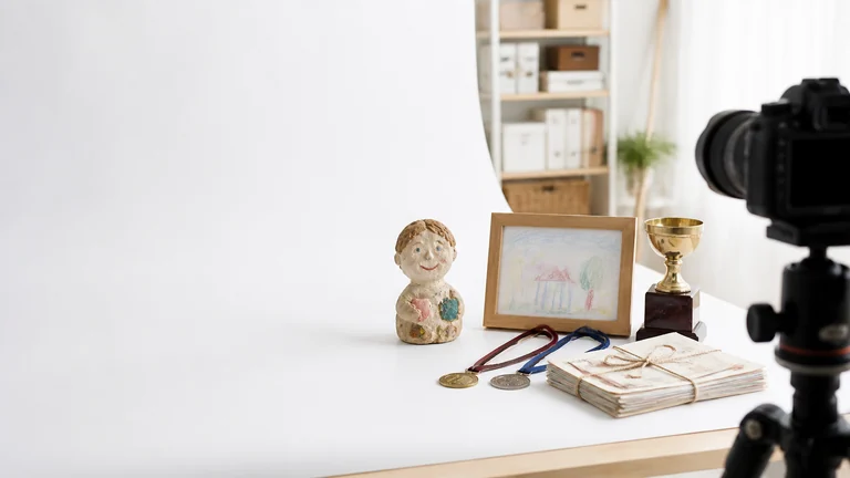 工作や絵、トロフィー、メダルをカメラで撮影する風景