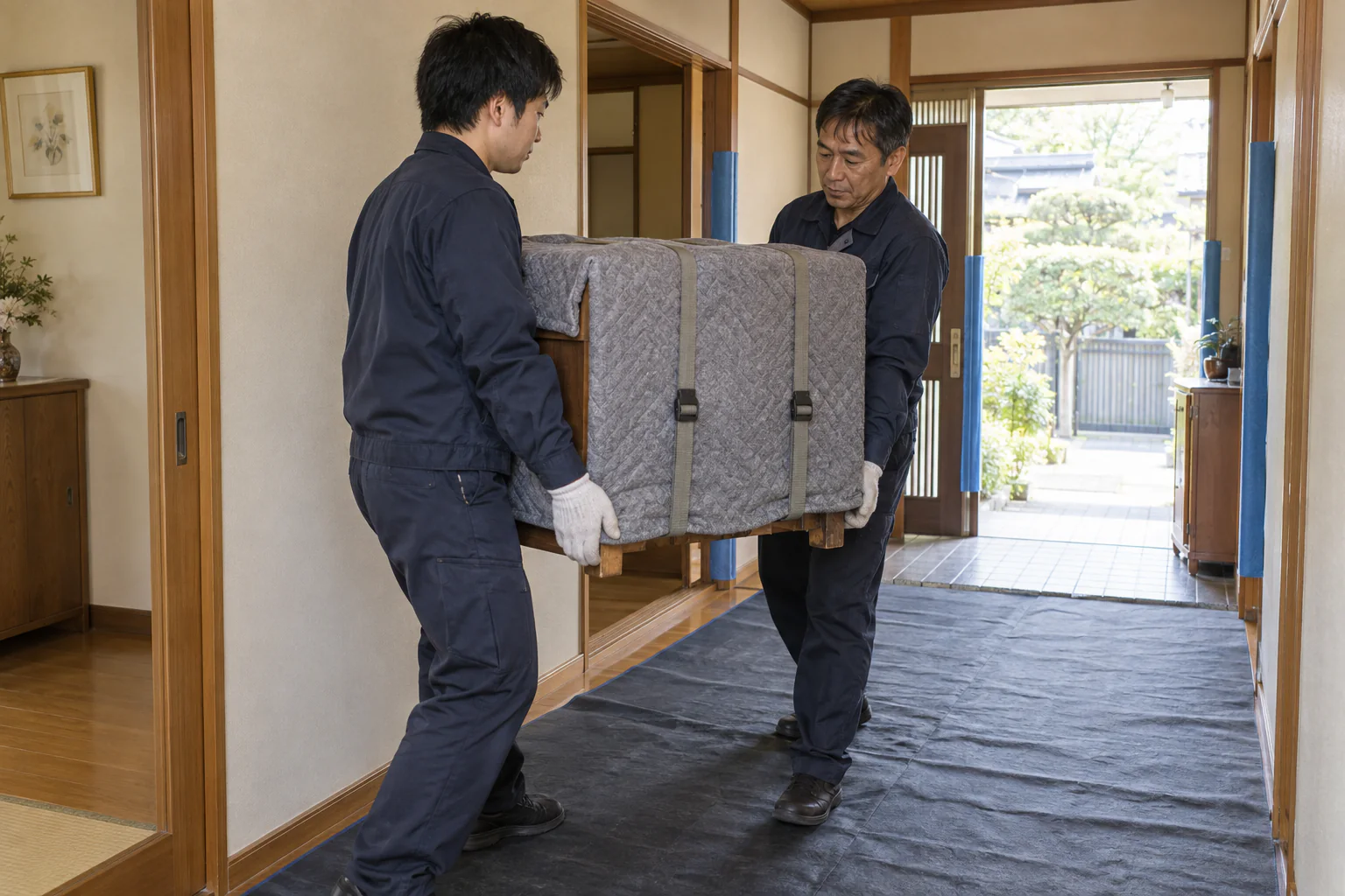 床と出入口を養生した廊下で、二人の作業担当者が保護材で包んだ木製家具を搬出する場面