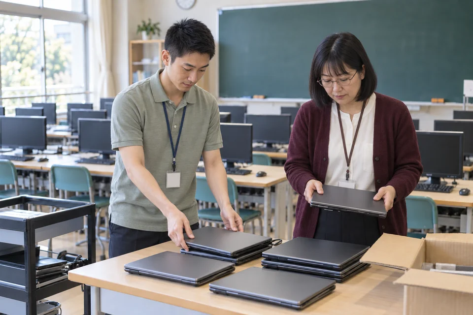 パソコン教室で入れ替えるノートPCをまとめる教職員