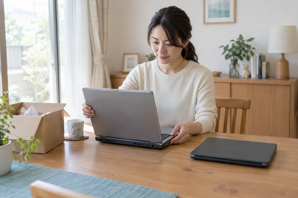 自宅のテーブルで使わなくなったノートパソコンを整理する女性