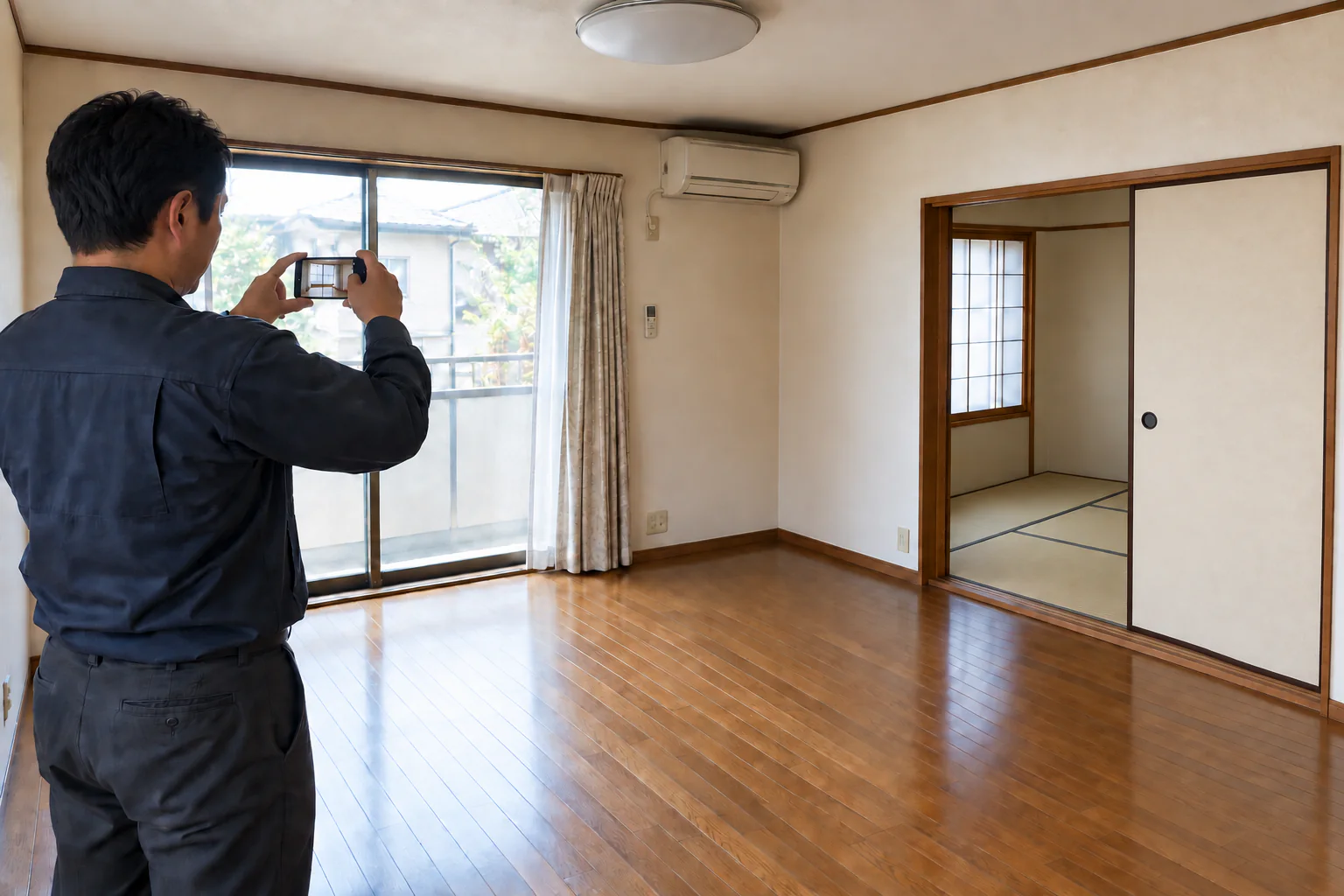家財を搬出した室内を、作業担当者がスマートフォンで撮影する場面