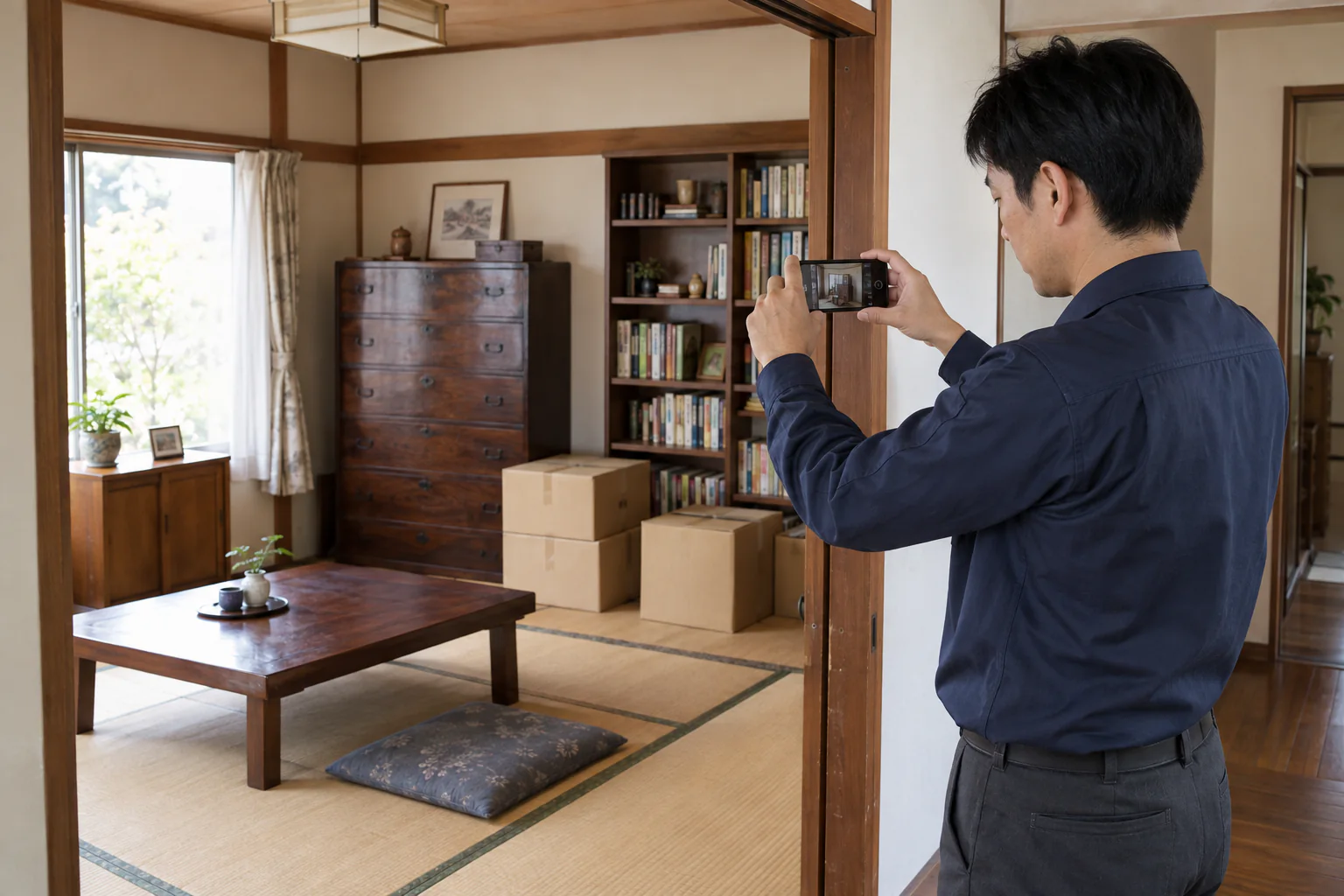 家財が残る和室を、作業担当者がスマートフォンで撮影する場面