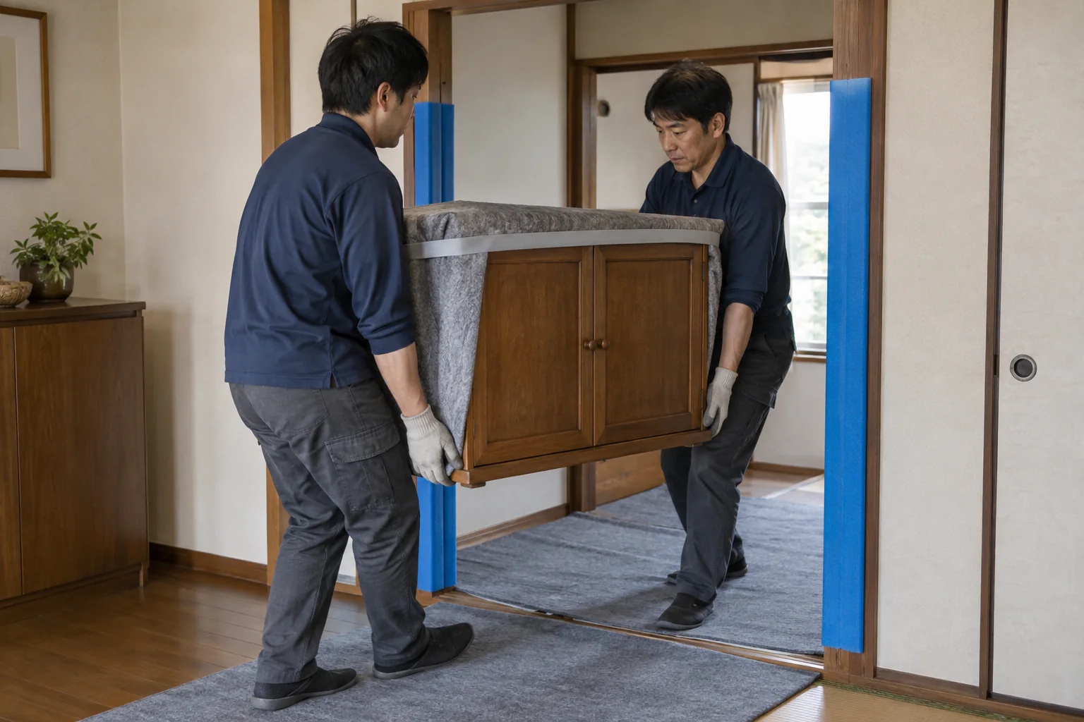 養生した廊下で、二人の作業担当者が保護材で包んだ木製家具を搬出する場面