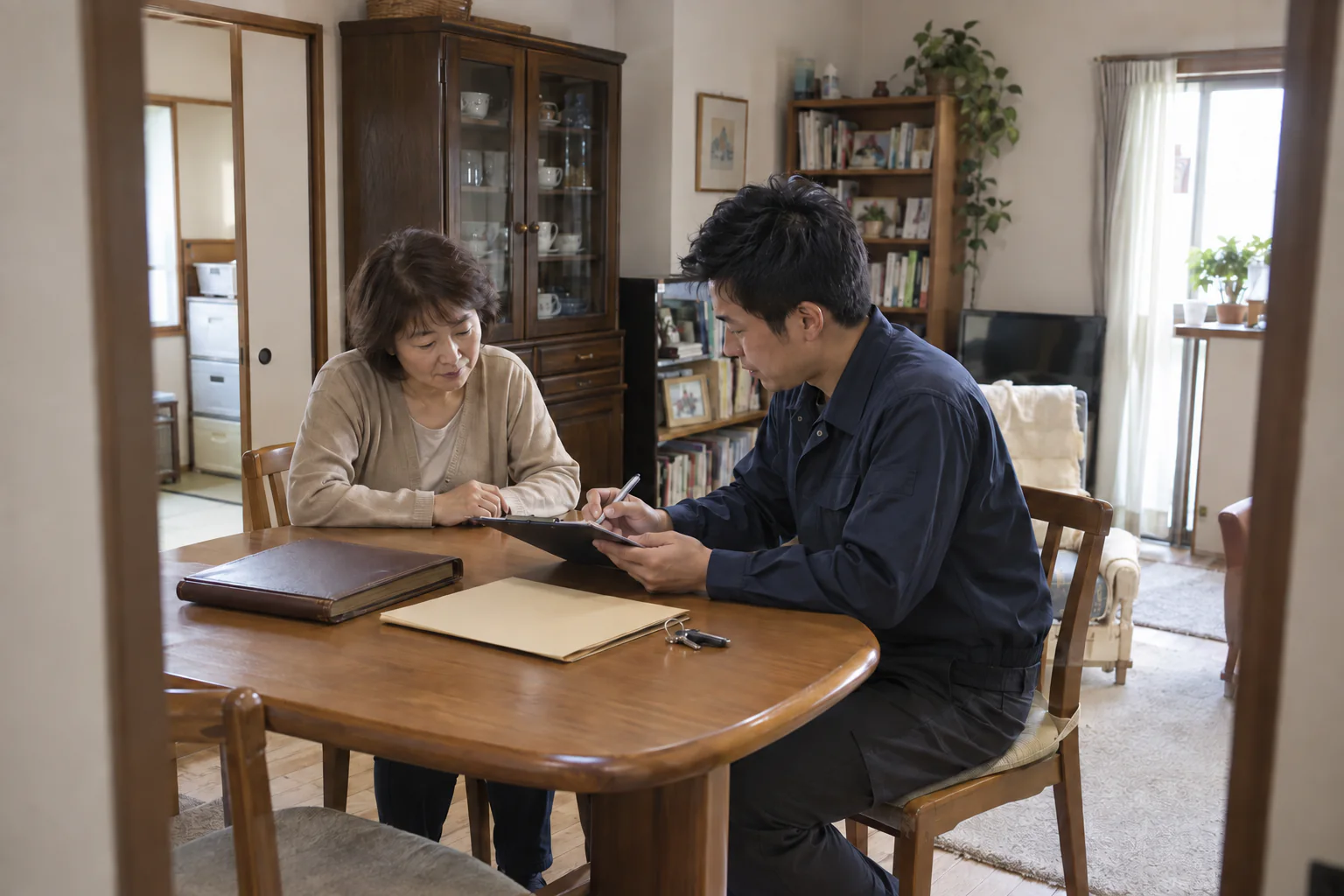 室内に残る家具を前に、ご依頼者と作業担当者が見積り内容を確認する場面