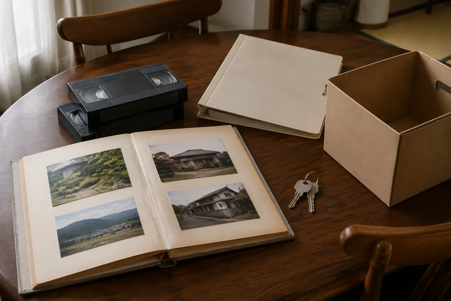 風景写真のアルバムとビデオテープ、空の箱、家の鍵